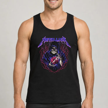 Metallica Life Burns Faster Sphere Las Vegas United States T-shirt featuring a hooded skeletal fortune teller holding a glowing red Sphere surrounded by purple lightning and magenta flames.