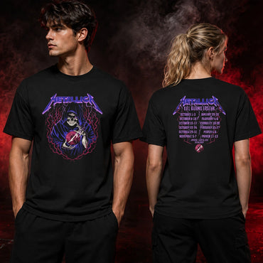 Metallica Life Burns Faster Sphere Las Vegas United States 2026-2027 2 side T-shirt featuring a hooded skeletal fortune teller holding a glowing Sphere on the front and complete residency tour dates on the back.