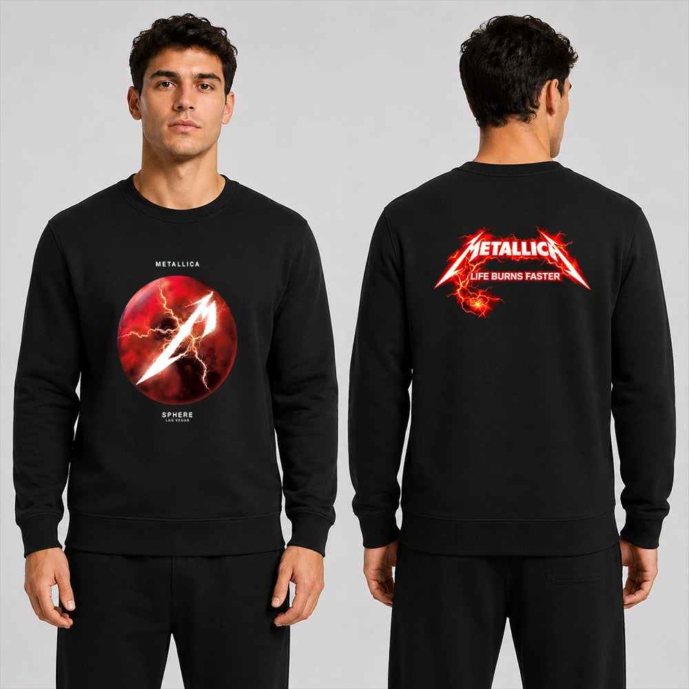 Metallica Life Burns Faster 2026 Sphere Las Vegas United States 2 Side T-Shirt featuring a glowing red Lightning Sphere graphic on the front and electrified Metallica Life Burns Faster logo on the back.