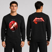 Metallica Life Burns Faster 2026 Sphere Las Vegas United States 2 Side T-Shirt featuring a glowing red Lightning Sphere graphic on the front and electrified Metallica Life Burns Faster logo on the back.