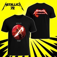 Metallica Life Burns Faster 2026 Sphere Las Vegas United States 2 Side T-Shirt featuring a glowing red Lightning Sphere graphic on the front and electrified Metallica Life Burns Faster logo on the back.