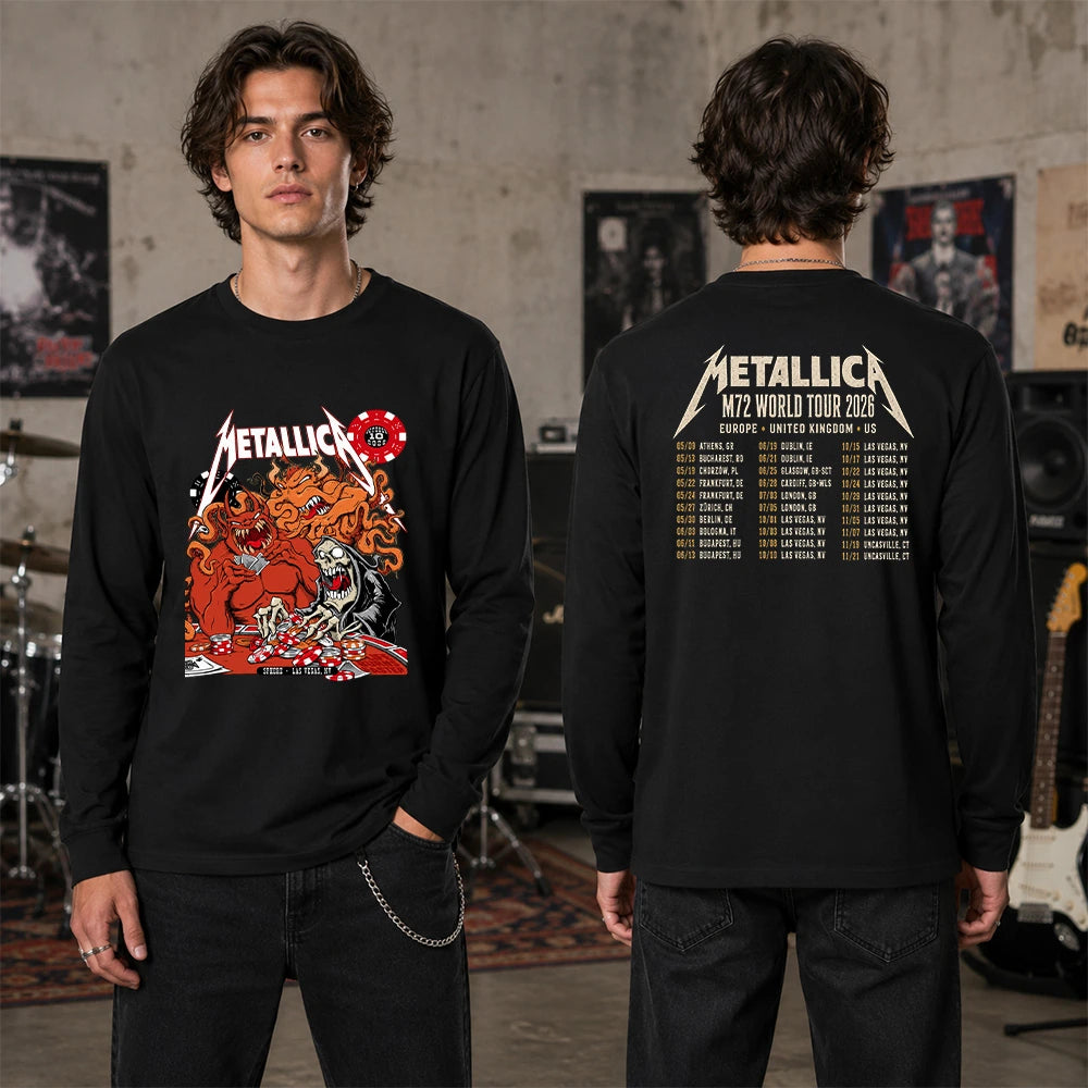 Metallica Life Burns Faster October 10 2026 Sphere Las Vegas United States 2 Side T-Shirt featuring a casino demon, screaming grim reaper, tentacles, poker chips and playing cards.