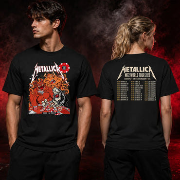 Metallica Life Burns Faster October 10 2026 Sphere Las Vegas United States 2 Side T-Shirt featuring a casino demon, screaming grim reaper, tentacles, poker chips and playing cards.