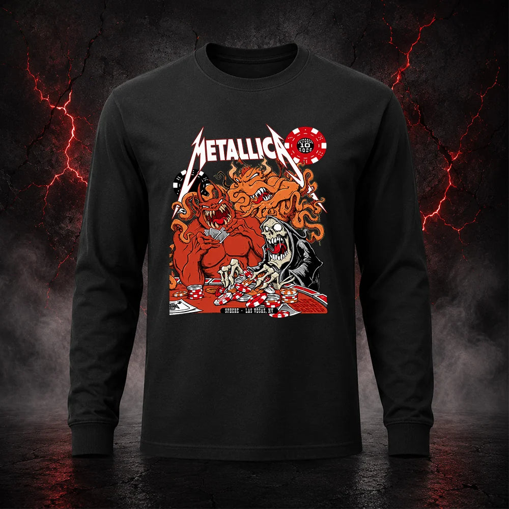 Metallica Life Burns Faster October 10 2026 Sphere Las Vegas United States T-shirt featuring a casino demon, screaming grim reaper, tentacles, poker chips and playing cards.