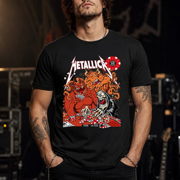Metallica Life Burns Faster October 10 2026 Sphere Las Vegas United States T-shirt featuring a casino demon, screaming grim reaper, tentacles, poker chips and playing cards.