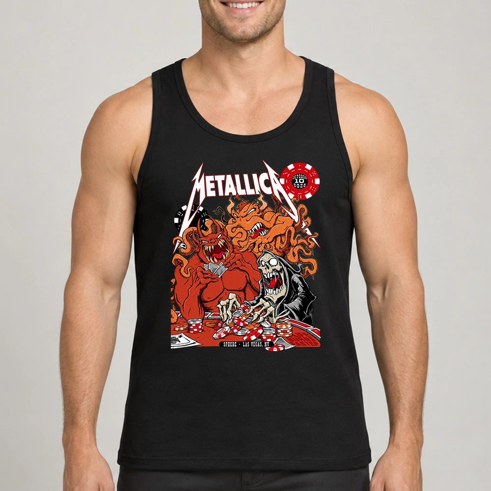 Metallica Life Burns Faster October 10 2026 Sphere Las Vegas United States T-shirt featuring a casino demon, screaming grim reaper, tentacles, poker chips and playing cards.