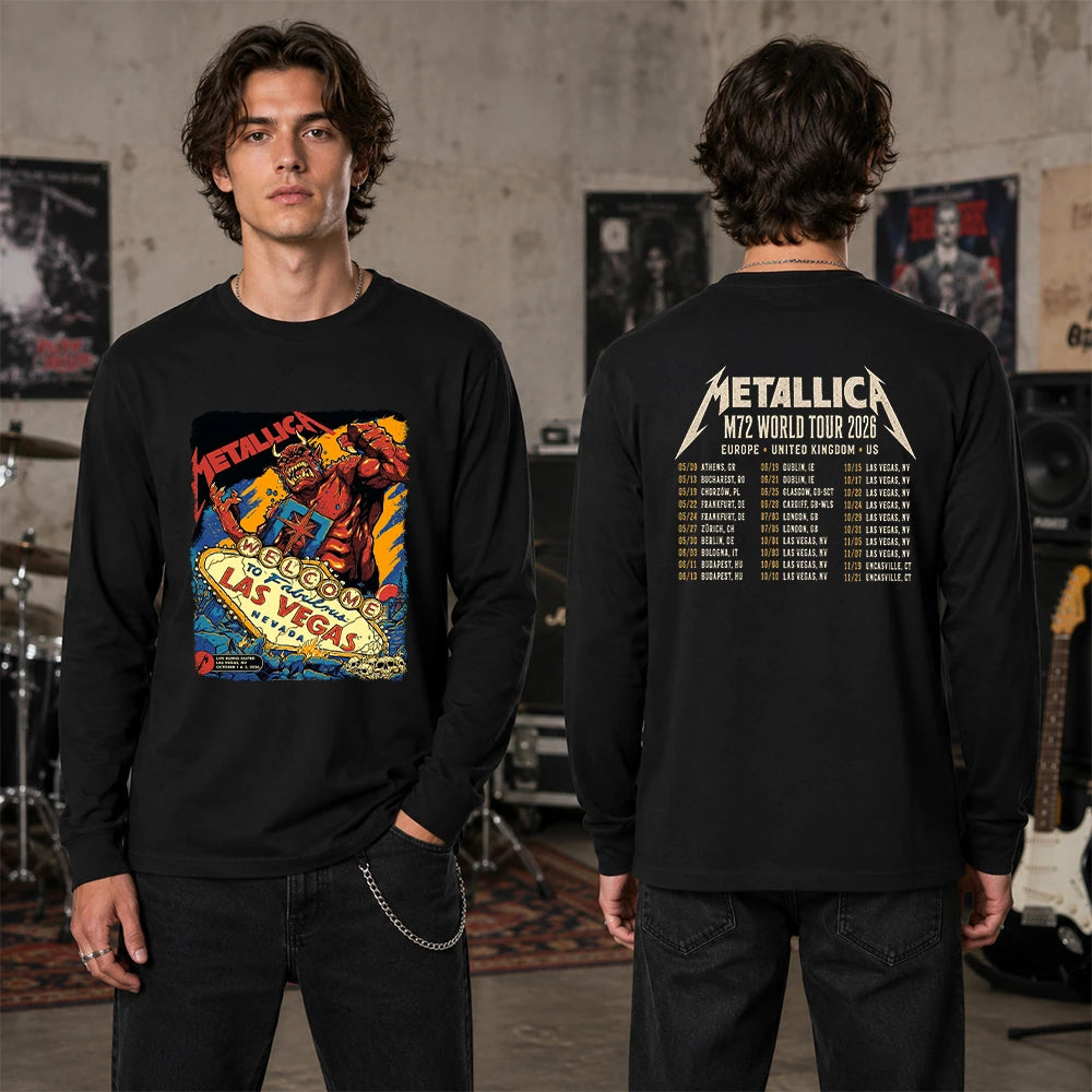 Metallica Life Burns Faster October 1 and 3 2026 Sphere Las Vegas Nevada United States 2 side T-shirt by Puis Calzada featuring a giant red demon destroying the Welcome to Fabulous Las Vegas sign amid rubble, flames and skulls with event-inspired back print.