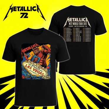 Metallica Life Burns Faster October 1 and 3 2026 Sphere Las Vegas Nevada United States 2 side T-shirt by Puis Calzada featuring a giant red demon destroying the Welcome to Fabulous Las Vegas sign amid rubble, flames and skulls with event-inspired back print.
