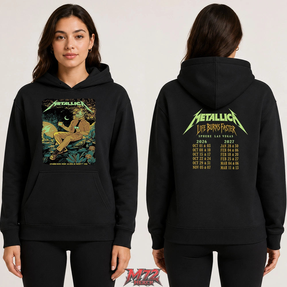 Metallica Life Burns Faster October 24 2026 Sphere Las Vegas United States 2 Side T-Shirt by WolfSkullJack featuring Desert Skull Gambler artwork on the front and Sphere Las Vegas 2026–2027 dates on the back.