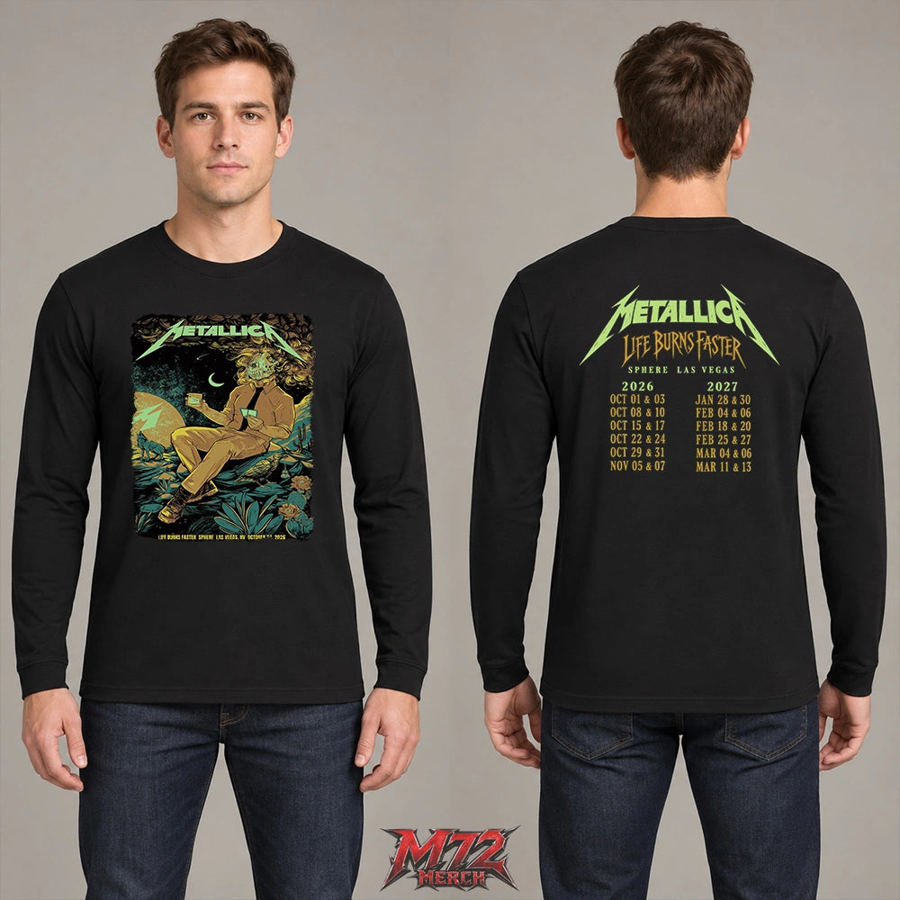 Metallica Life Burns Faster October 24 2026 Sphere Las Vegas United States 2 Side T-Shirt by WolfSkullJack featuring Desert Skull Gambler artwork on the front and Sphere Las Vegas 2026–2027 dates on the back.