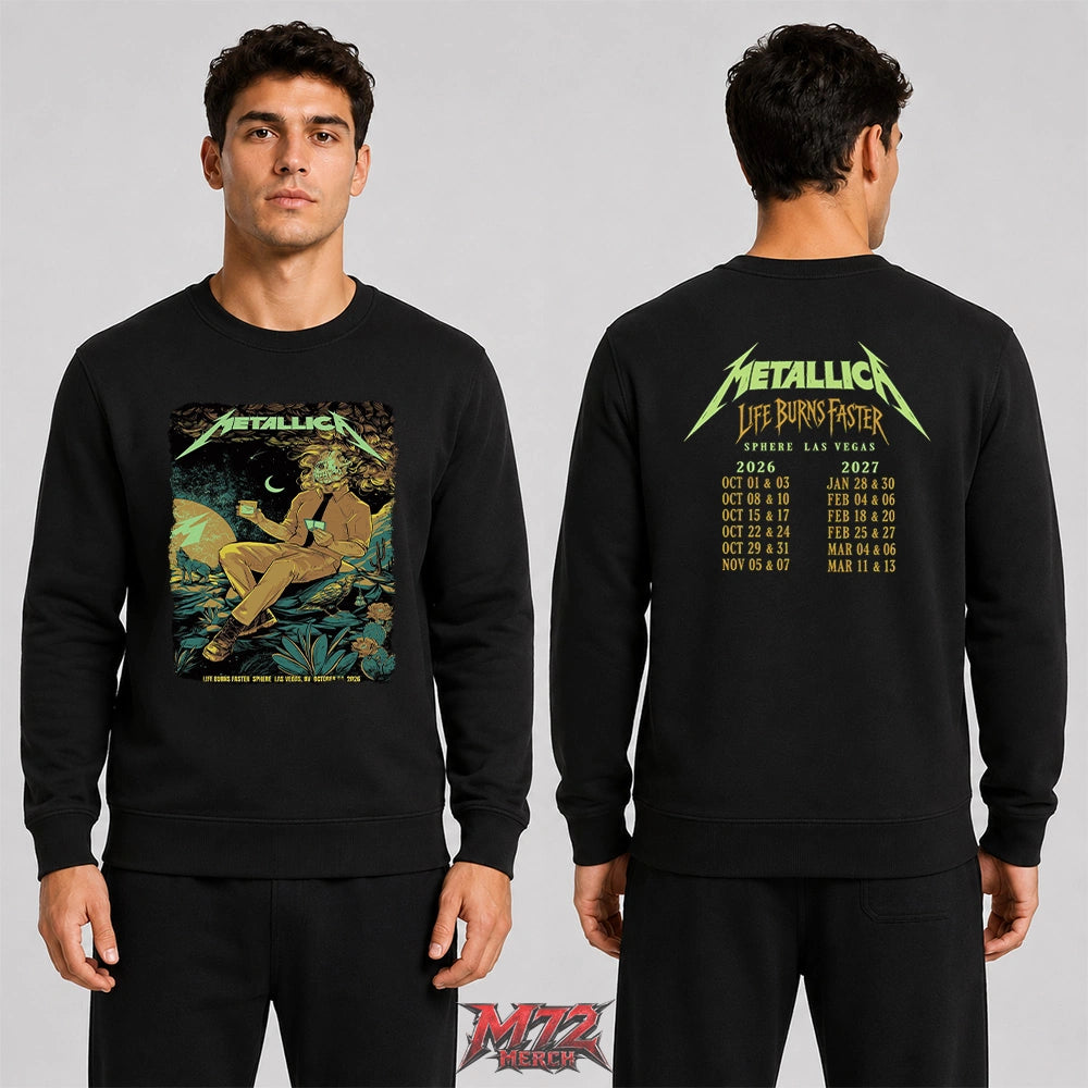 Metallica Life Burns Faster October 24 2026 Sphere Las Vegas United States 2 Side T-Shirt by WolfSkullJack featuring Desert Skull Gambler artwork on the front and Sphere Las Vegas 2026–2027 dates on the back.