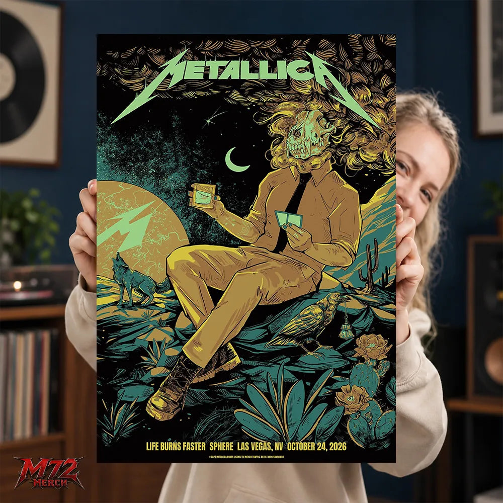 Metallica Life Burns Faster October 24 2026 Sphere Las Vegas United States Poster Canvas by WolfSkullJack featuring Desert Skull Gambler artwork with wolf, raven, moon and desert scenery.