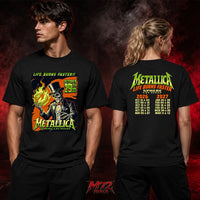 Metallica Life Burns Faster October 29 2026 Sphere Las Vegas United States 2 Side T-Shirt by Mark5 featuring Skeleton Magician artwork with green flames on the front and Sphere Las Vegas 2026–2027 residency dates on the back.