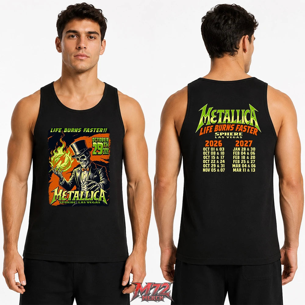 Metallica Life Burns Faster October 29 2026 Sphere Las Vegas United States 2 Side T-Shirt by Mark5 featuring Skeleton Magician artwork with green flames on the front and Sphere Las Vegas 2026–2027 residency dates on the back.
