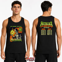 Metallica Life Burns Faster October 29 2026 Sphere Las Vegas United States 2 Side T-Shirt by Mark5 featuring Skeleton Magician artwork with green flames on the front and Sphere Las Vegas 2026–2027 residency dates on the back.