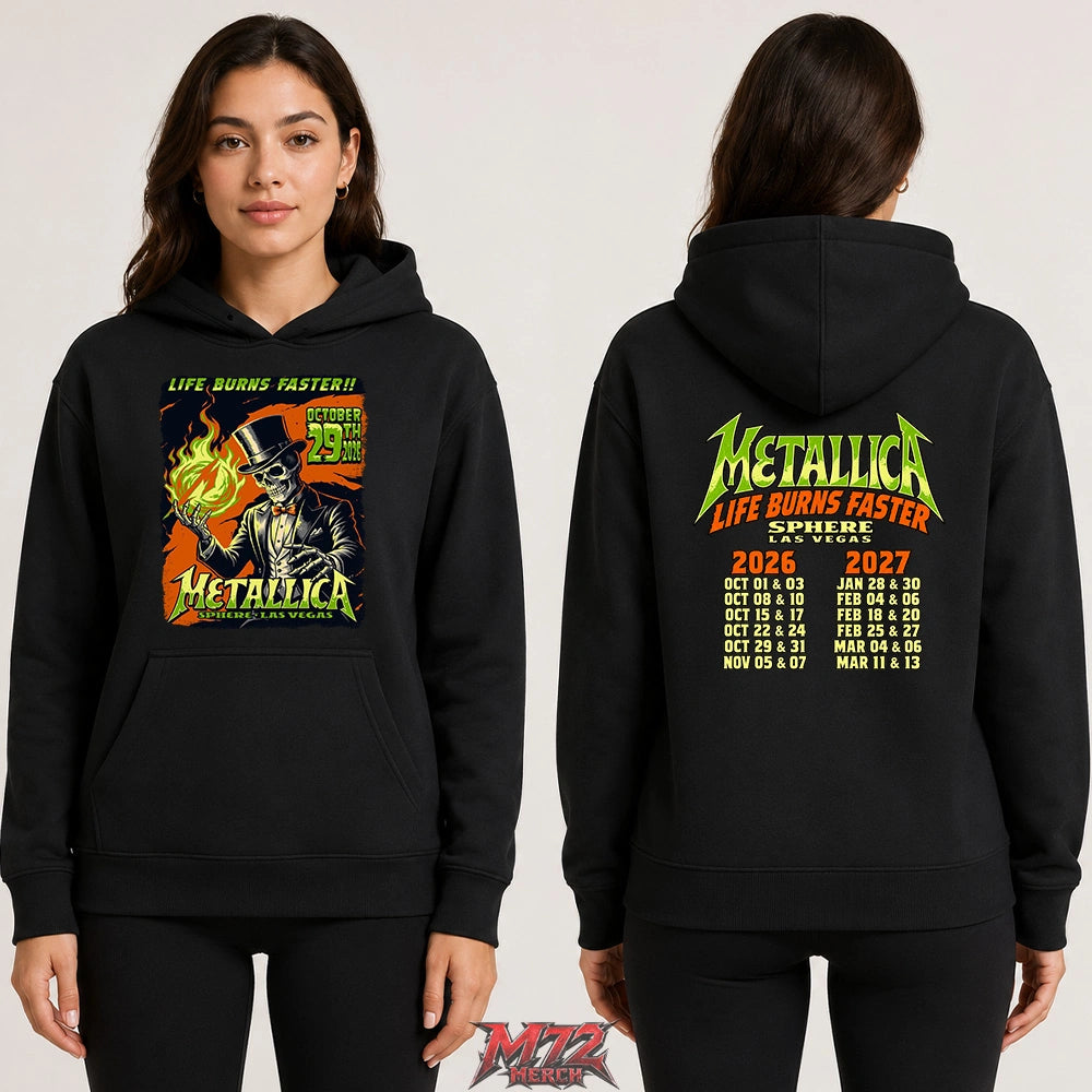 Metallica Life Burns Faster October 29 2026 Sphere Las Vegas United States 2 Side T-Shirt by Mark5 featuring Skeleton Magician artwork with green flames on the front and Sphere Las Vegas 2026–2027 residency dates on the back.