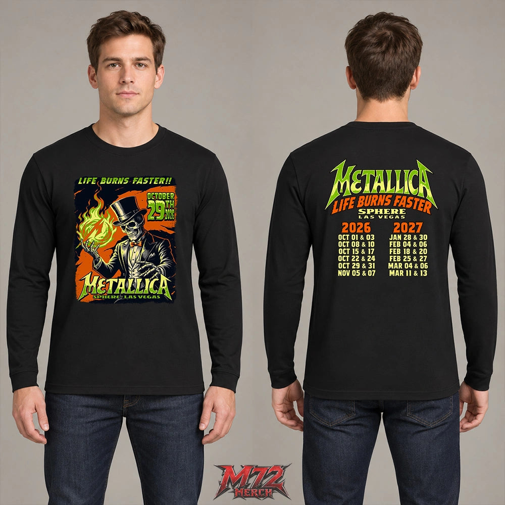 Metallica Life Burns Faster October 29 2026 Sphere Las Vegas United States 2 Side T-Shirt by Mark5 featuring Skeleton Magician artwork with green flames on the front and Sphere Las Vegas 2026–2027 residency dates on the back.