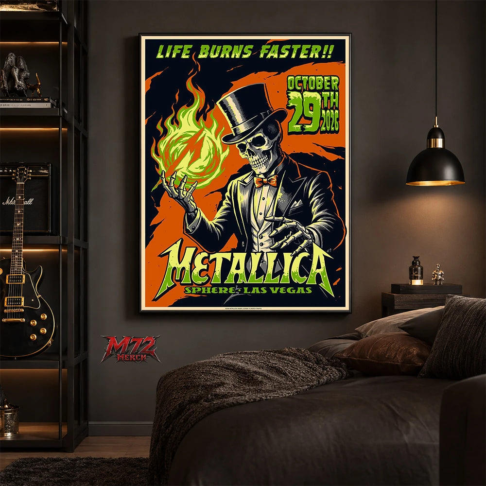 Metallica Life Burns Faster October 29 2026 Sphere Las Vegas United States Poster Canvas Wall Art by Mark5 featuring a Halloween Skeleton Magician holding a green flame.