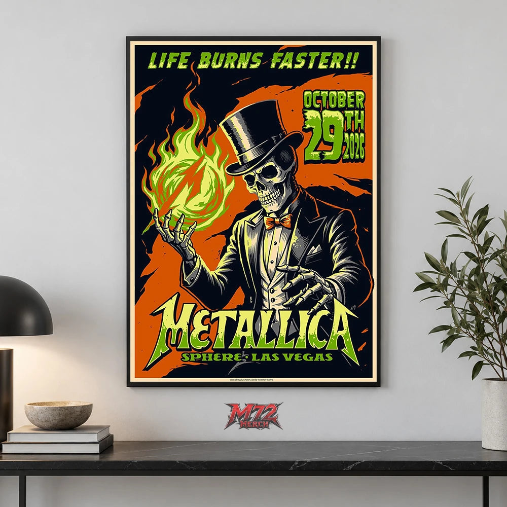 Metallica Life Burns Faster October 29 2026 Sphere Las Vegas United States Poster Canvas Wall Art by Mark5 featuring a Halloween Skeleton Magician holding a green flame.