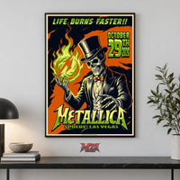 Metallica Life Burns Faster October 29 2026 Sphere Las Vegas United States Poster Canvas Wall Art by Mark5 featuring a Halloween Skeleton Magician holding a green flame.