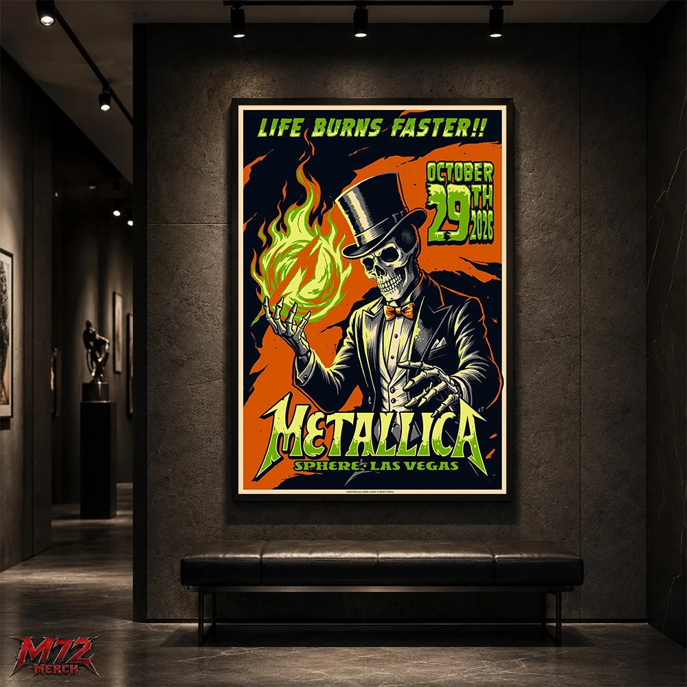 Metallica Life Burns Faster October 29 2026 Sphere Las Vegas United States Poster Canvas Wall Art by Mark5 featuring a Halloween Skeleton Magician holding a green flame.