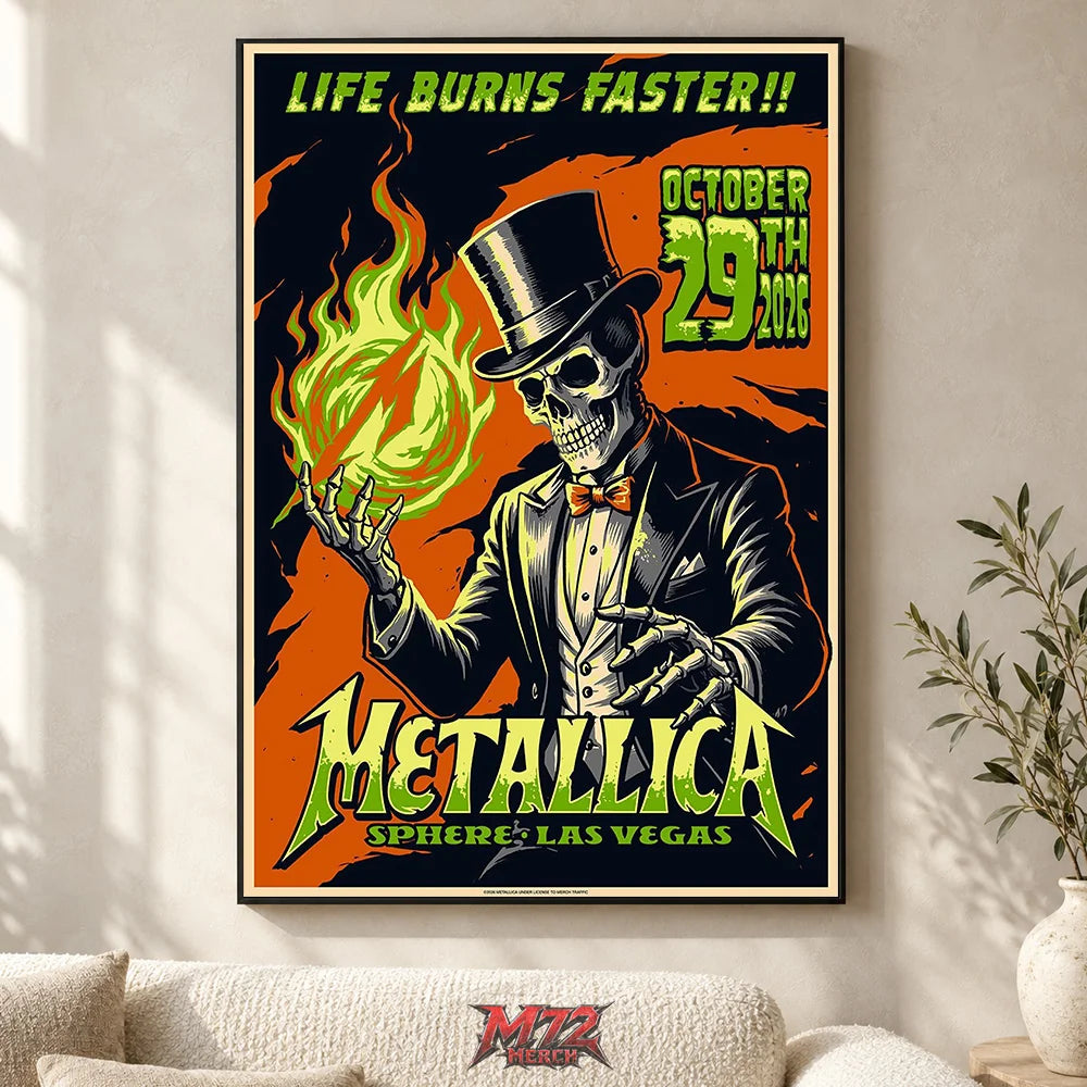 Metallica Life Burns Faster October 29 2026 Sphere Las Vegas United States Poster Canvas Wall Art by Mark5 featuring a Halloween Skeleton Magician holding a green flame.