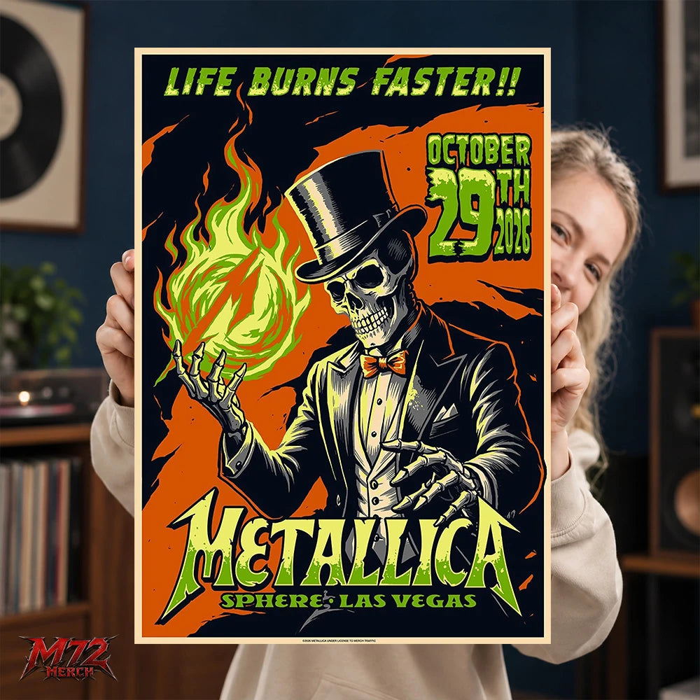 Metallica Life Burns Faster October 29 2026 Sphere Las Vegas United States Poster Canvas Wall Art by Mark5 featuring a Halloween Skeleton Magician holding a green flame.