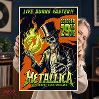 Metallica Life Burns Faster October 29 2026 Sphere Las Vegas United States Poster Canvas Wall Art by Mark5 featuring a Halloween Skeleton Magician holding a green flame.
