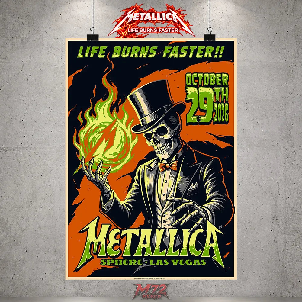 Metallica Life Burns Faster October 29 2026 Sphere Las Vegas United States Poster Canvas Wall Art by Mark5 featuring a Halloween Skeleton Magician holding a green flame.