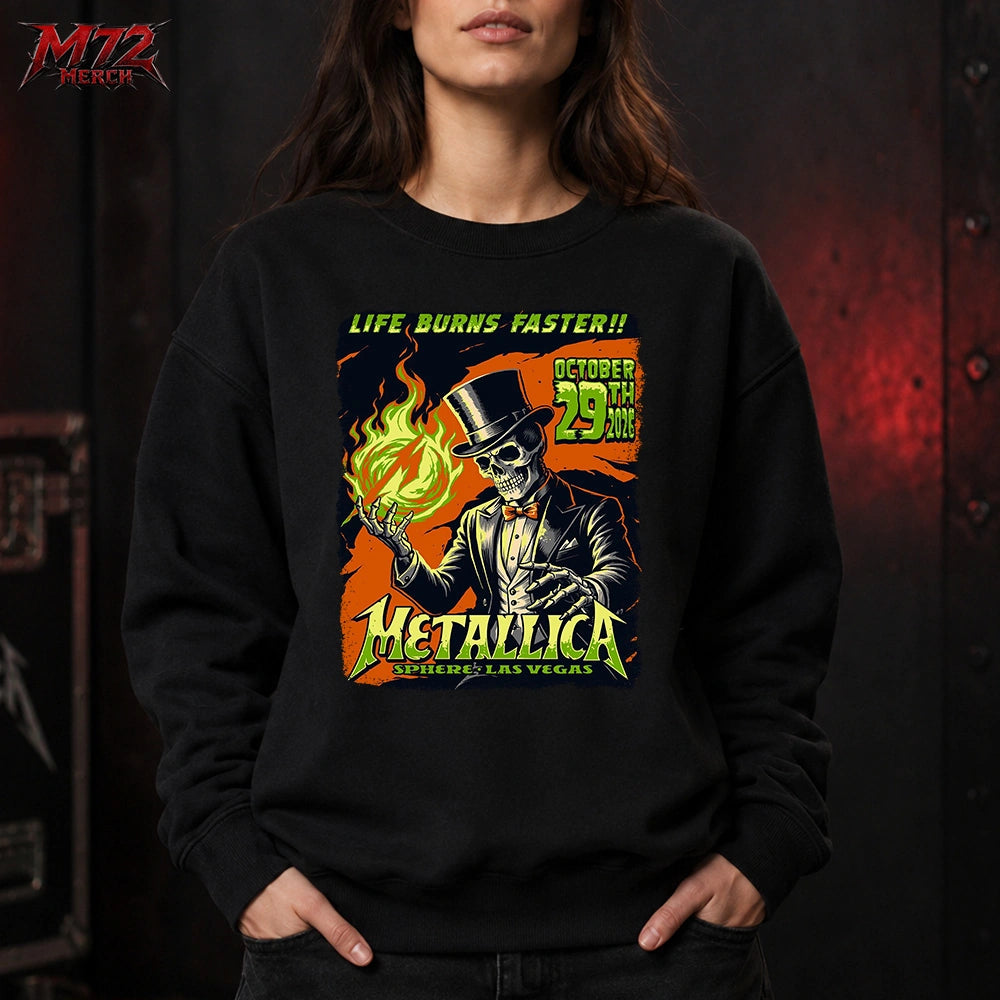 Metallica Life Burns Faster October 29 2026 Sphere Las Vegas United States T-Shirt by Mark5 featuring Skeleton Magician Halloween artwork with a green flame.