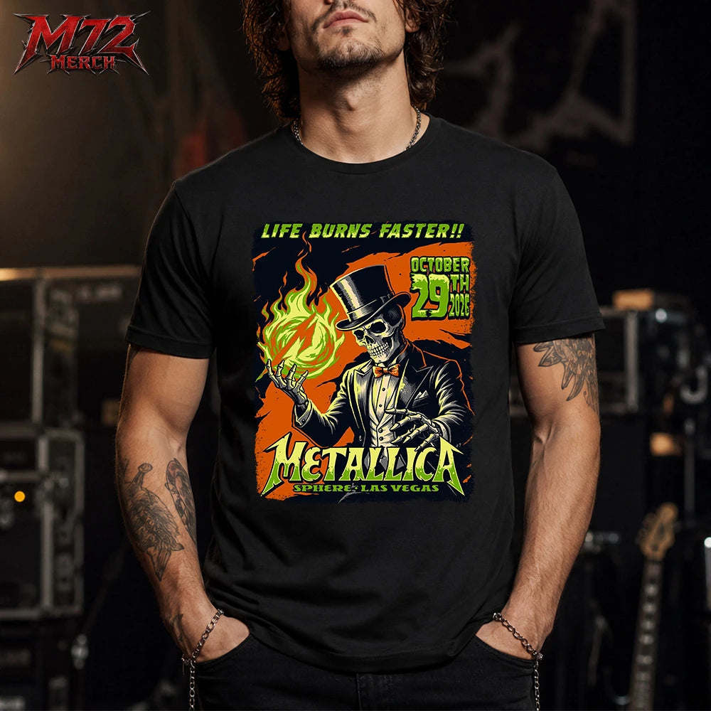 Metallica Life Burns Faster October 29 2026 Sphere Las Vegas United States T-Shirt by Mark5 featuring Skeleton Magician Halloween artwork with a green flame.