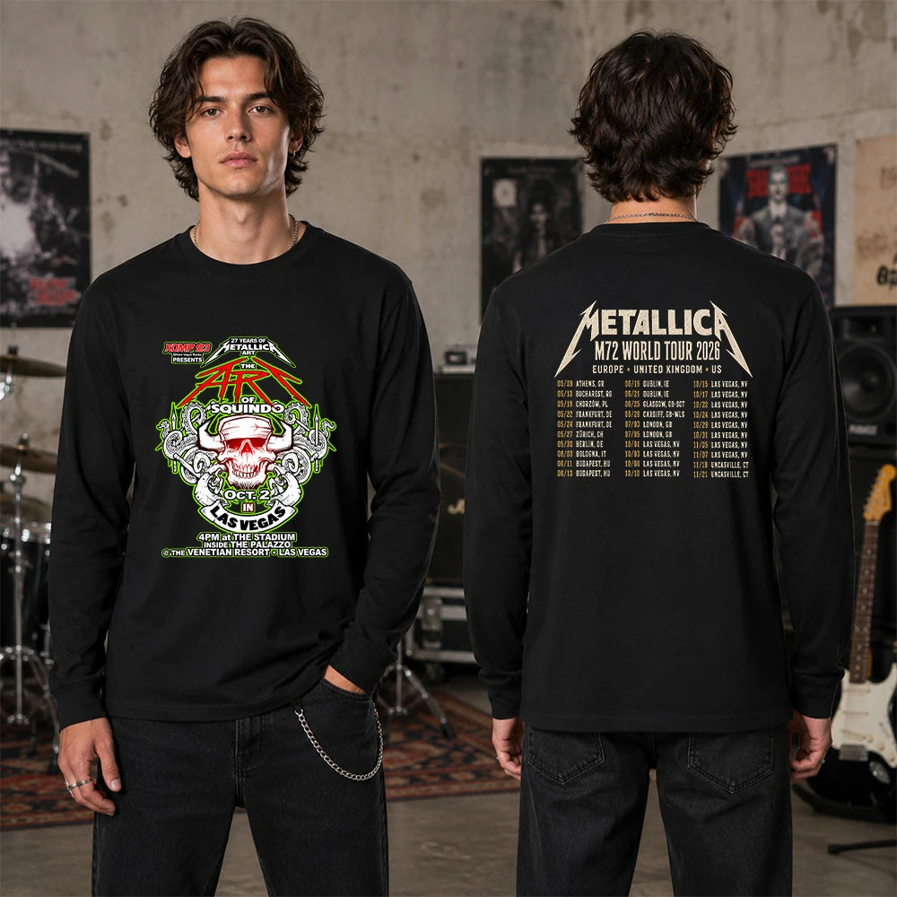Metallica Life Burns Faster October 2 2026 The Stadium at The Palazzo Las Vegas United States 2 side T-shirt by Squindo featuring The Art of Squindo skull, curling tentacles, red graphics, electric green details and event-inspired back print.