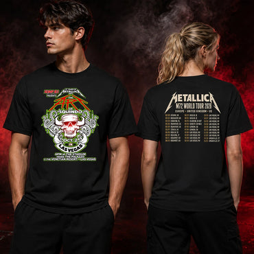 Metallica Life Burns Faster October 2 2026 The Stadium at The Palazzo Las Vegas United States 2 side T-shirt by Squindo featuring The Art of Squindo skull, curling tentacles, red graphics, electric green details and event-inspired back print.