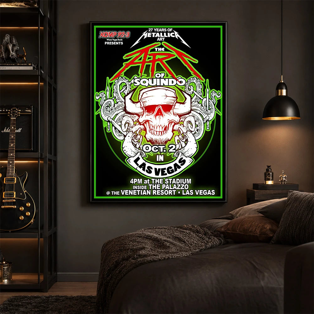 Metallica Life Burns Faster October 2 2026 The Stadium at The Palazzo Las Vegas United States poster canvas by Squindo featuring The Art of Squindo skull, curling tentacles, red graphics and electric green details.