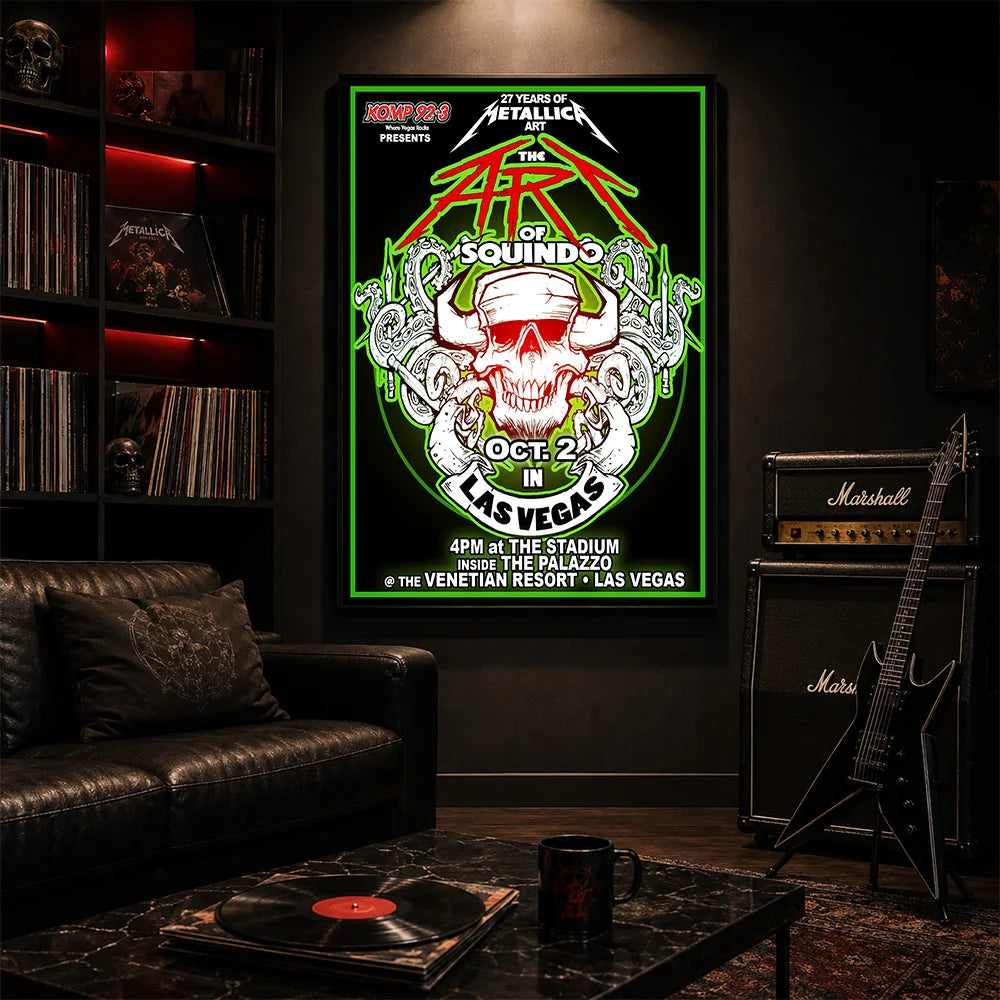 Metallica Life Burns Faster October 2 2026 The Stadium at The Palazzo Las Vegas United States poster canvas by Squindo featuring The Art of Squindo skull, curling tentacles, red graphics and electric green details.