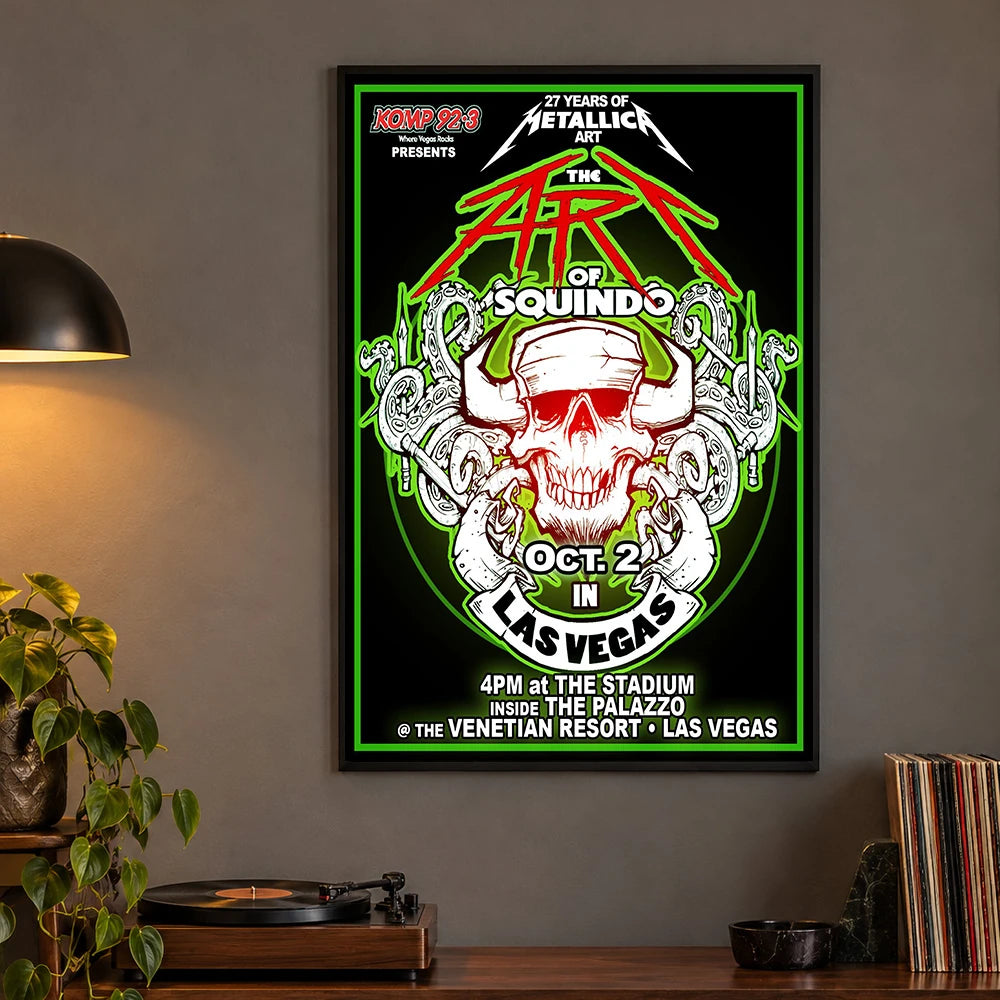 Metallica Life Burns Faster October 2 2026 The Stadium at The Palazzo Las Vegas United States poster canvas by Squindo featuring The Art of Squindo skull, curling tentacles, red graphics and electric green details.