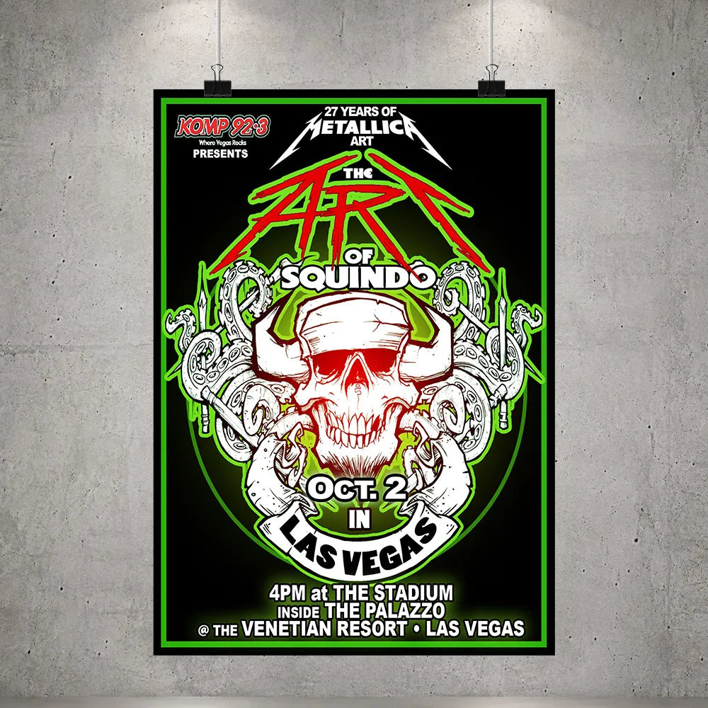 Metallica Life Burns Faster October 2 2026 The Stadium at The Palazzo Las Vegas United States poster canvas by Squindo featuring The Art of Squindo skull, curling tentacles, red graphics and electric green details.