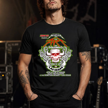 Metallica Life Burns Faster October 2 2026 The Stadium at The Palazzo Las Vegas United States T-shirt by Squindo featuring The Art of Squindo skull, curling tentacles, red graphics and electric green details.