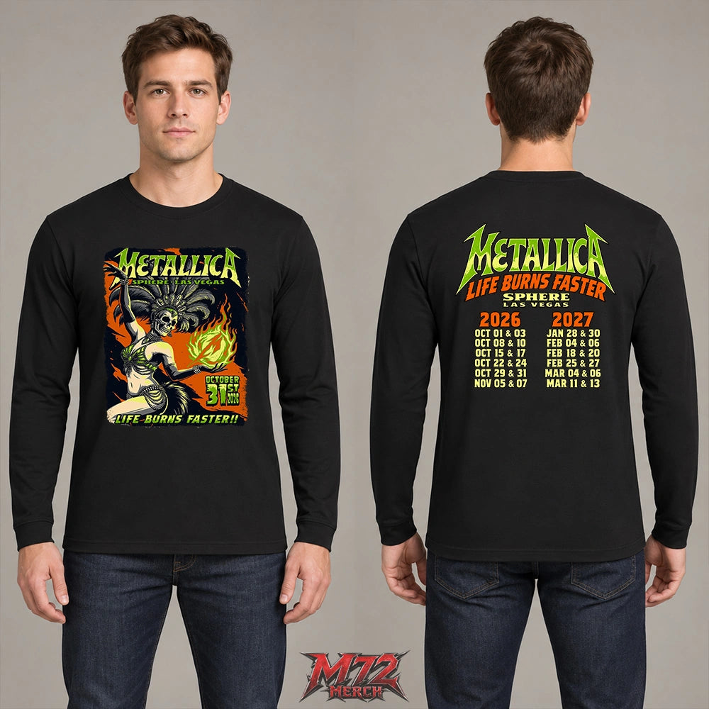 Metallica Life Burns Faster October 31 2026 Sphere Las Vegas United States 2 Side T-Shirt by Mark5 featuring Halloween Showgirl skeleton artwork with green flames on the front and Sphere Las Vegas 2026–2027 residency dates on the back.