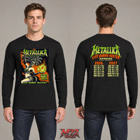 Metallica Life Burns Faster October 31 2026 Sphere Las Vegas United States 2 Side T-Shirt by Mark5 featuring Halloween Showgirl skeleton artwork with green flames on the front and Sphere Las Vegas 2026–2027 residency dates on the back.