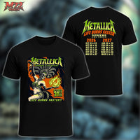 Metallica Life Burns Faster October 31 2026 Sphere Las Vegas United States 2 Side T-Shirt by Mark5 featuring Halloween Showgirl skeleton artwork with green flames on the front and Sphere Las Vegas 2026–2027 residency dates on the back.