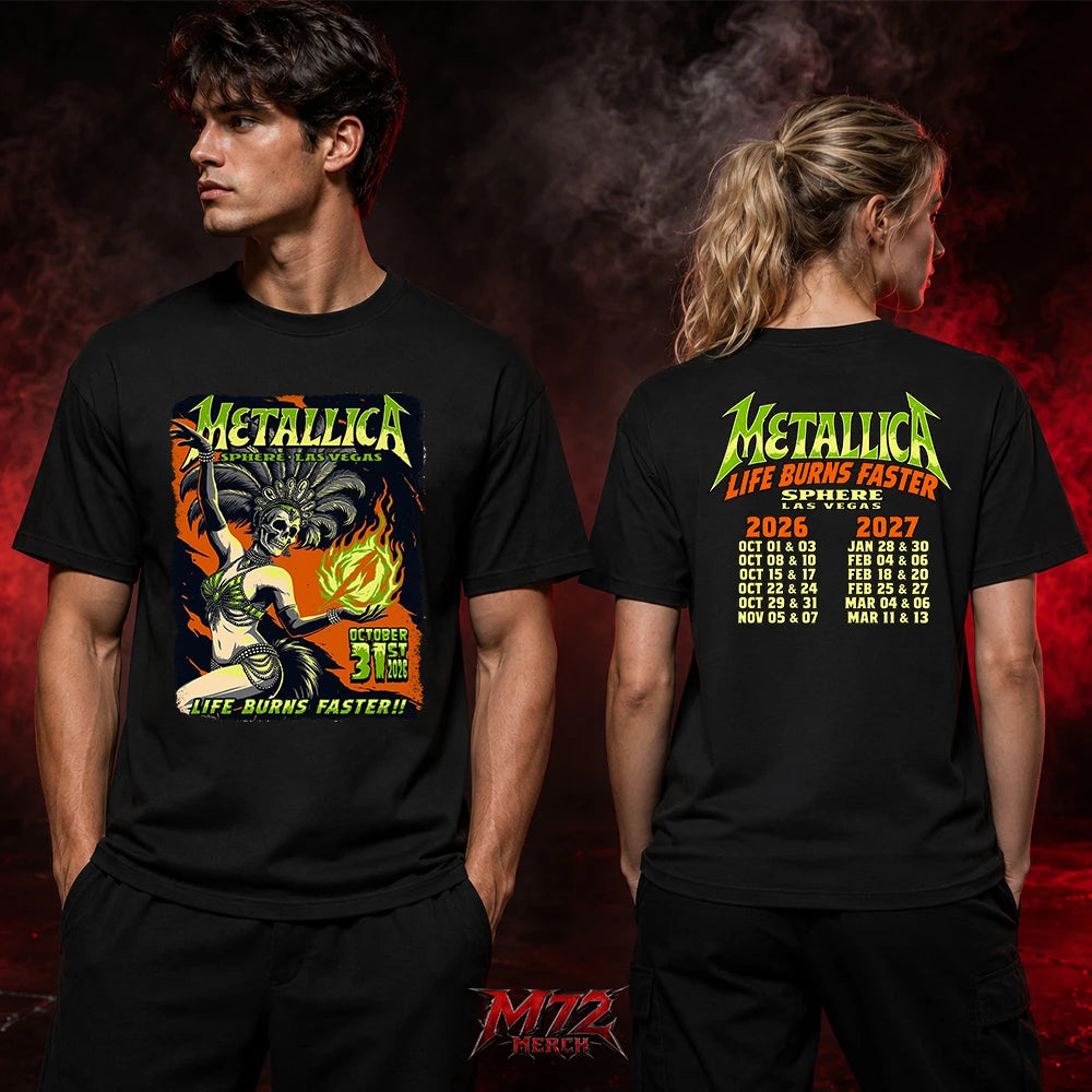 Metallica Life Burns Faster October 31 2026 Sphere Las Vegas United States 2 Side T-Shirt by Mark5 featuring Halloween Showgirl skeleton artwork with green flames on the front and Sphere Las Vegas 2026–2027 residency dates on the back.