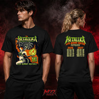 Metallica Life Burns Faster October 31 2026 Sphere Las Vegas United States 2 Side T-Shirt by Mark5 featuring Halloween Showgirl skeleton artwork with green flames on the front and Sphere Las Vegas 2026–2027 residency dates on the back.
