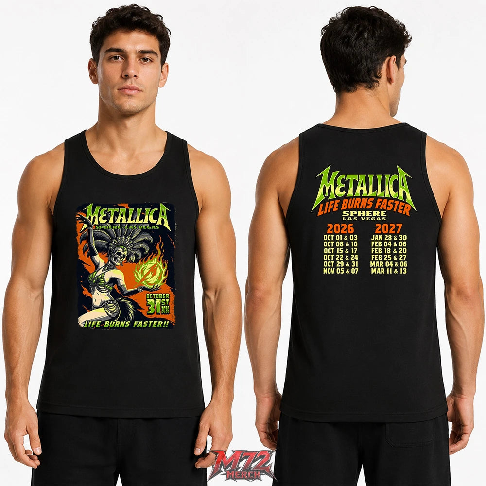 Metallica Life Burns Faster October 31 2026 Sphere Las Vegas United States 2 Side T-Shirt by Mark5 featuring Halloween Showgirl skeleton artwork with green flames on the front and Sphere Las Vegas 2026–2027 residency dates on the back.