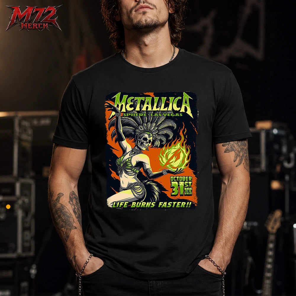 Metallica Life Burns Faster October 31 2026 Sphere Las Vegas United States T-Shirt by Mark5 featuring Halloween Showgirl artwork with a skeleton dancer, feathered headdress and glowing green flame.