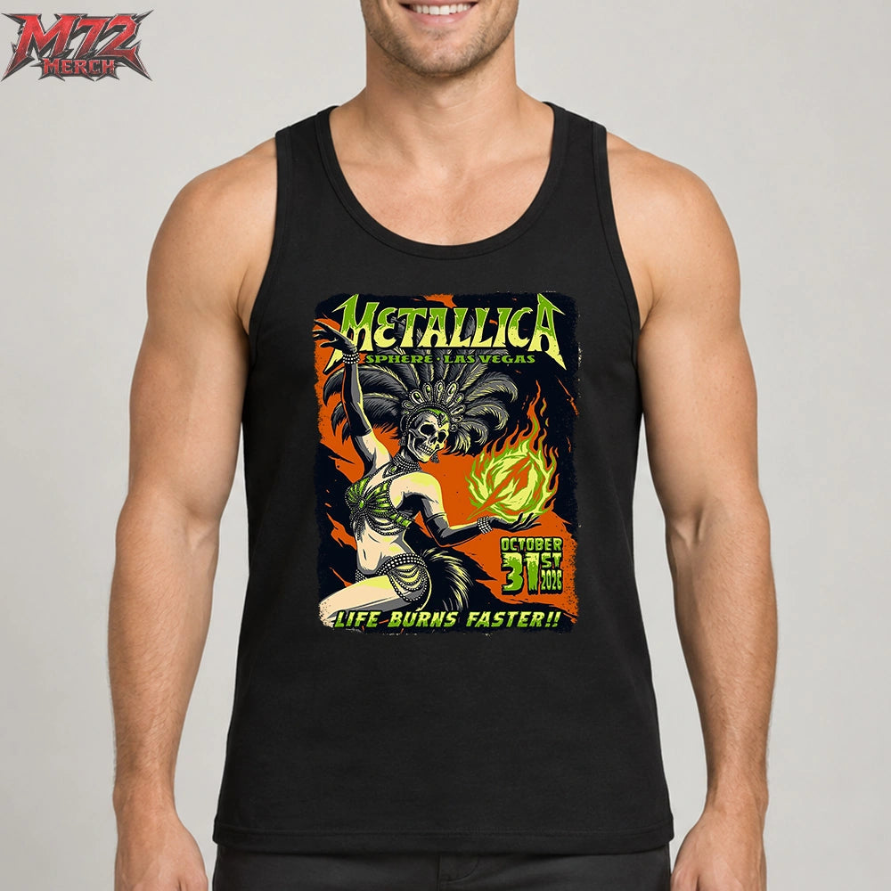 Metallica Life Burns Faster October 31 2026 Sphere Las Vegas United States T-Shirt by Mark5 featuring Halloween Showgirl artwork with a skeleton dancer, feathered headdress and glowing green flame.