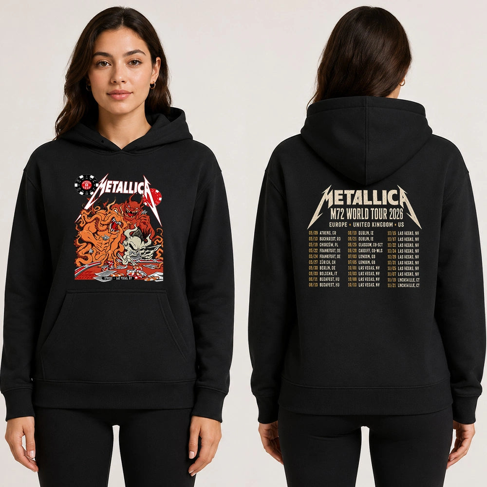 Metallica Life Burns Faster October 8 2026 Sphere Las Vegas United States 2 Side T-Shirt featuring casino demons, orange tentacles, poker chips, playing cards and skull artwork with a Metallica tour-inspired back print.