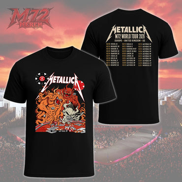 Metallica Life Burns Faster October 8 2026 Sphere Las Vegas United States 2 Side T-Shirt featuring casino demons, orange tentacles, poker chips, playing cards and skull artwork with a Metallica tour-inspired back print.