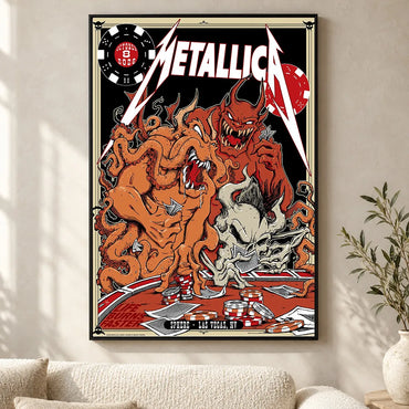 Metallica Life Burns Faster October 8 2026 Sphere Las Vegas United States Poster Canvas featuring casino demons, orange tentacles, poker chips, playing cards and skull artwork.