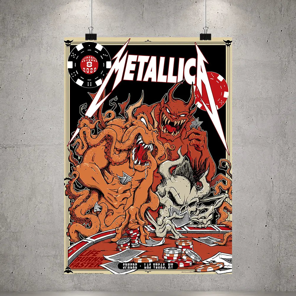 Metallica Life Burns Faster October 8 2026 Sphere Las Vegas United States Poster Canvas featuring casino demons, orange tentacles, poker chips, playing cards and skull artwork.